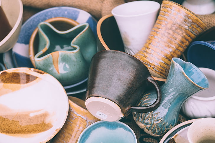 ceramics, close-up, cups, mugs, large group of objects, no people, indoors
