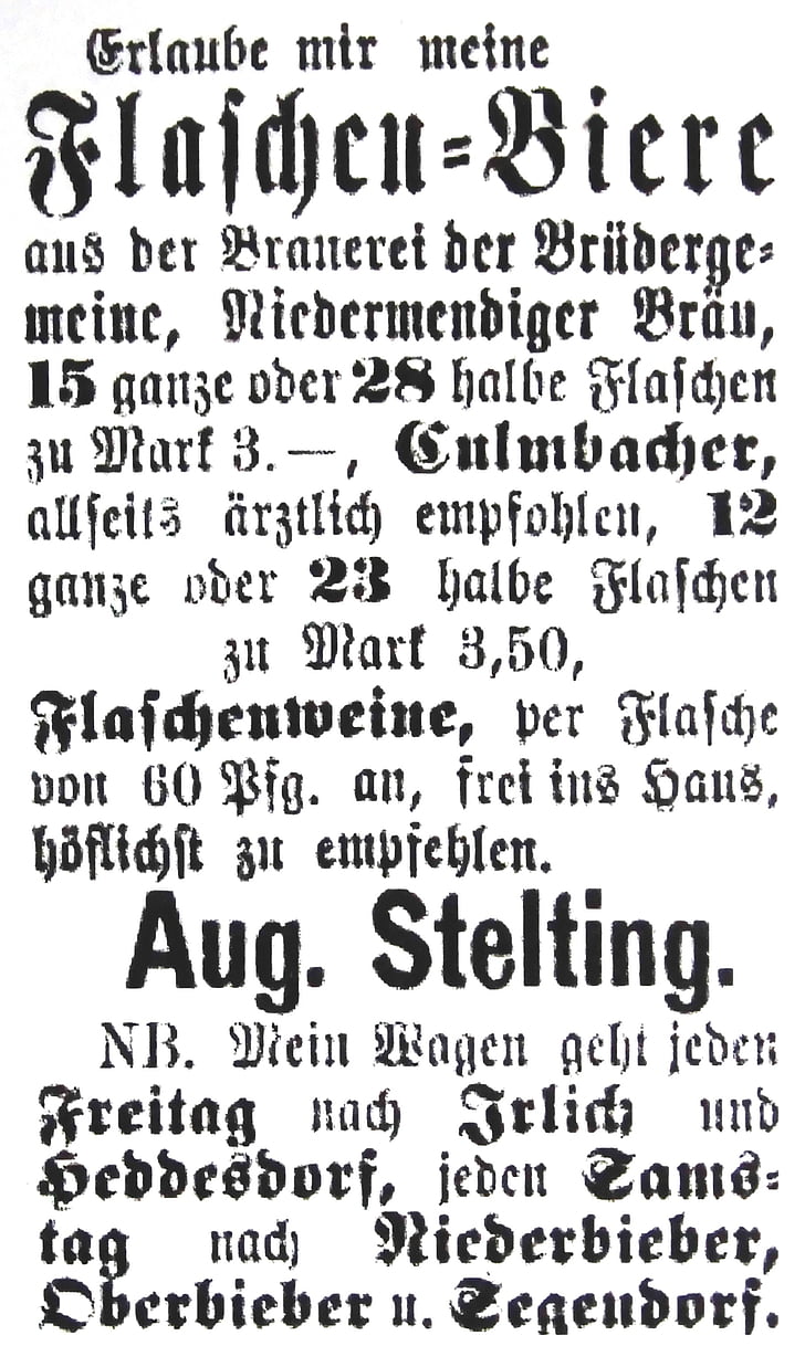 reklamy prasowe, Wył., The, Rheinland, do, 1870, kaligrafia