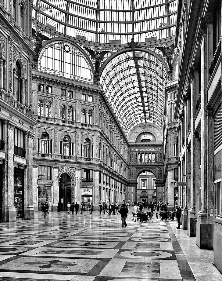 Napoli, Galerii, Itaalia, kampaania, prints, must ja valge, arhitektuur