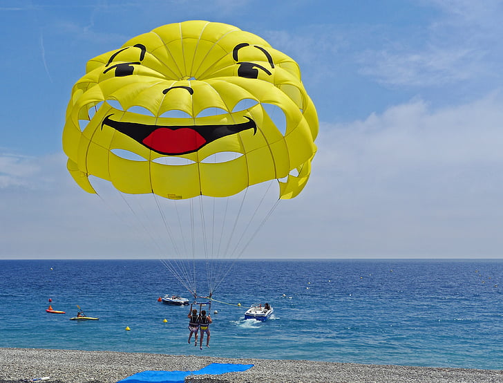 parasailing, Starta, stranden, kusten, Medelhavet, skärmen, långsamt på skärmen