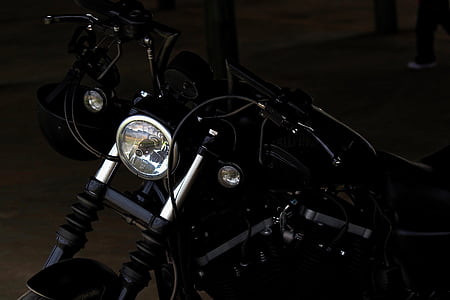 fekete, motorkerékpár, fényszóró, fényszóró, régimódi, nem az emberek, közeli kép: