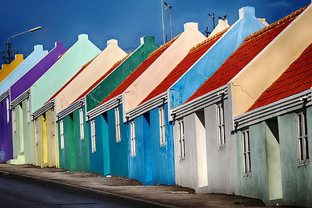 Curacao, Cottage, gekleurde, in een rij, multi gekleurd, reisbestemmingen, buitenshuis