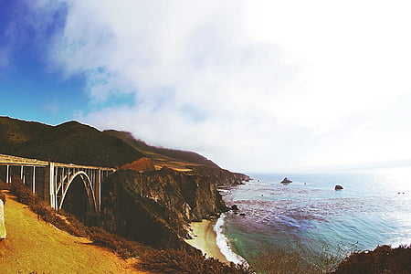 Bridge, Cliff, nära, havet, Molnigt, Sky, molnet