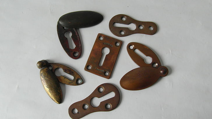 key covers, keyholes, escutcheons, brass, vintage, keyhole covers, antique