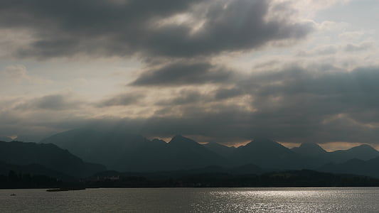 tó, hegyek, felhők, forggensee-tótól, Jórészt felhős, Allgäu, Scenics