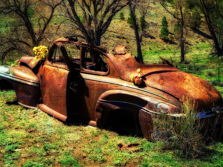 antiguo, oxidado, coche, Oldsmobile, automóvil, a la corrosión, vehículo
