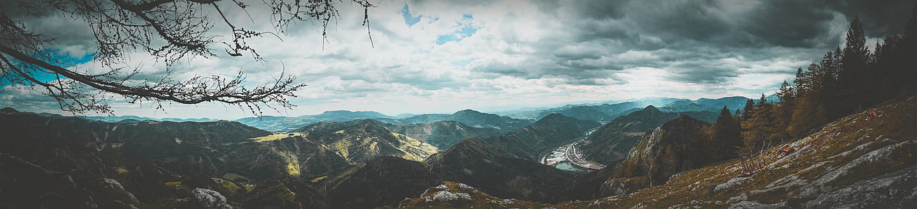 Panorama, shot, núi, vách đá, Thung lũng, Tây nguyên, cây