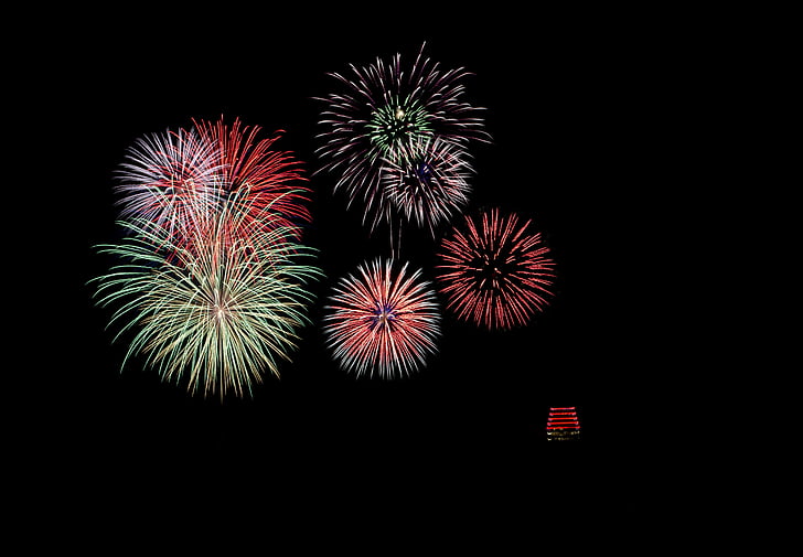 fireworks, pagoda, new year, night, holiday