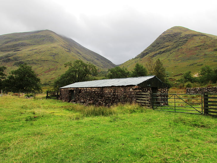 Skotsko, hory, Hills, chýše, stodola, malebný, krajina