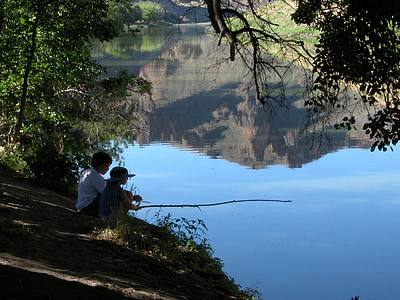 eau, rivière, enfants, pêche, pêche à la ligne, crochet, nature
