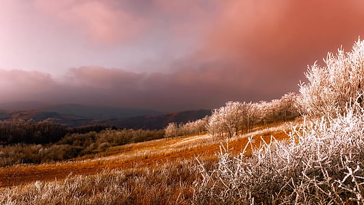 Serbien, Panorama, Frost, Raureif, Sonnenaufgang, Sonnenuntergang, Himmel
