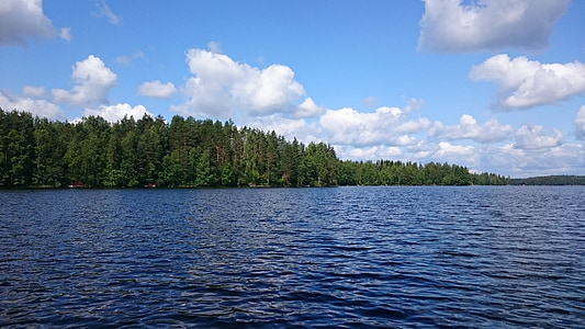 krajina, jezero, pláž, stromy, voda, Finština, Foto příroda