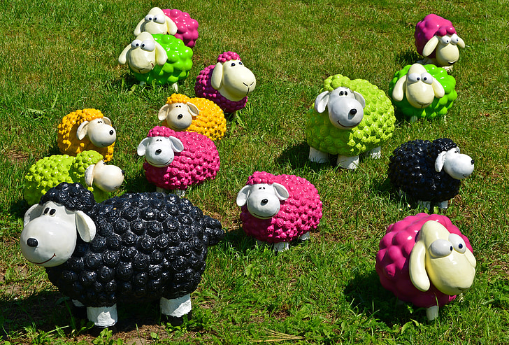 moutons, mouton noir, drôle, coloré, Couleur, décoration, décoration de jardin