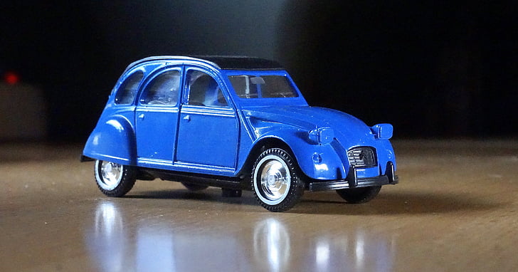 miniature, citroen 2cv, car, blue, two cavallos, old, vintage automobiles