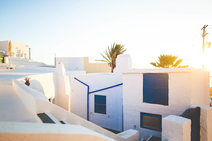 balta, zila, māja, saulriets, ēka, Santorini, arhitektūra
