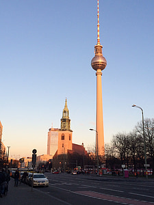 tv tower, berlin, sunset, alexander platz, city, capital, germany
