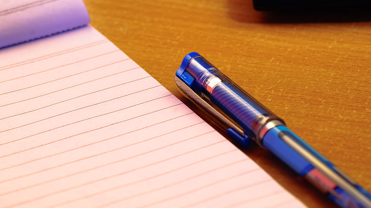 bloc-notes, bleu, stylo, entreprise, haute résolution, lieu de travail, Couleur