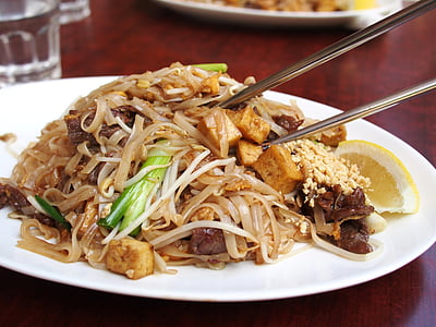 cibo tailandese, Noodle, tagliatelle fritte, pasto, asiatiche, bacchette, cibo