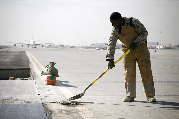 construction, cement, patching, runway, labor, worker, concrete