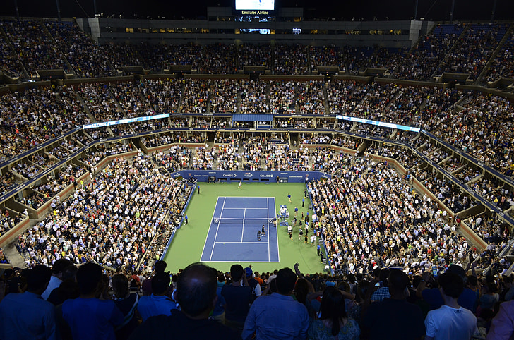 Stadion, Tennisbaan, Tennis, publiek, waarnemer, ons open, New york