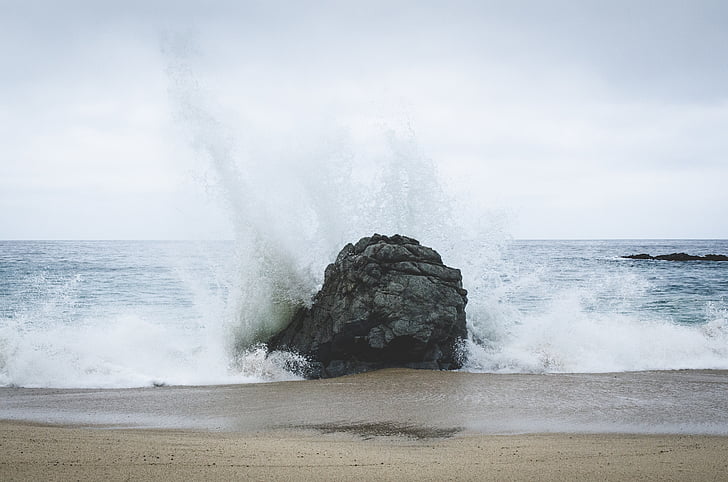 white, ocean, wave, photography, rock, boulder, beach