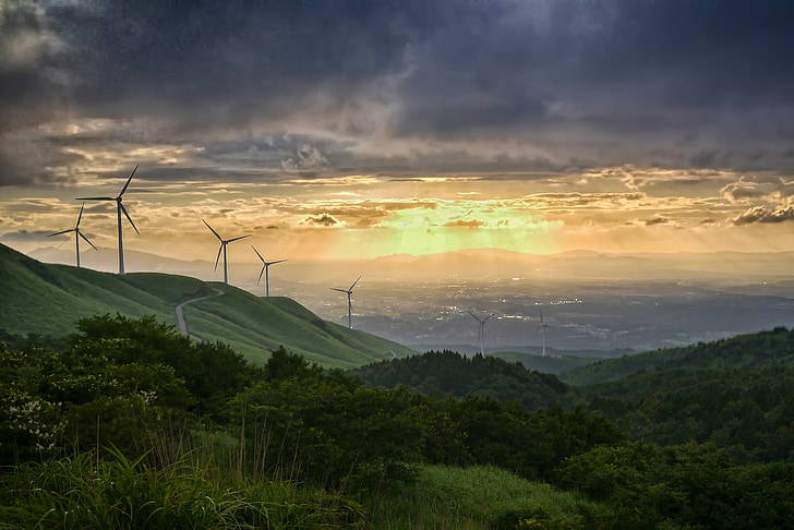 wind power generation, japan, sunset, cloud, sky, light, kumamoto