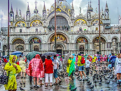 venice, rain, raincoat, italy, weather, cathedral, san marcos