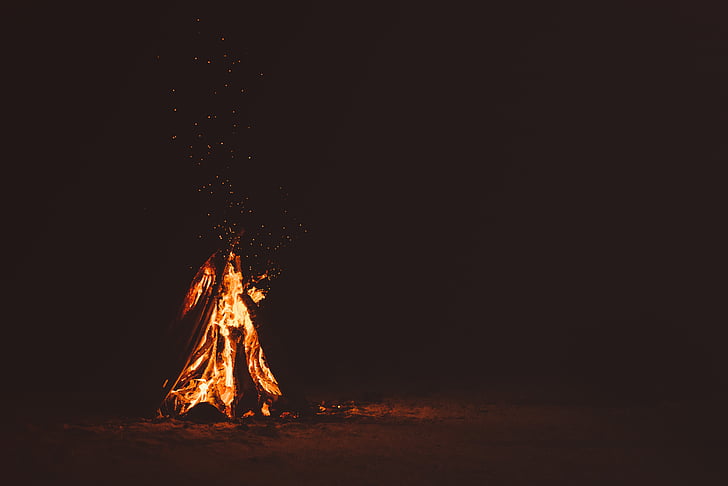 bonfire, night, time, fire, flame, burn, campfire