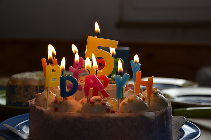 kage, fødselsdag, fødselsdagskage, fest, børnefødselsdag, fem, stearinlys