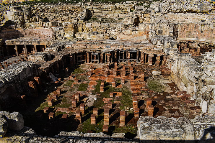 Chipre, Kourion, antigua, sitio, Mediterráneo, arquitectura, baños romanos