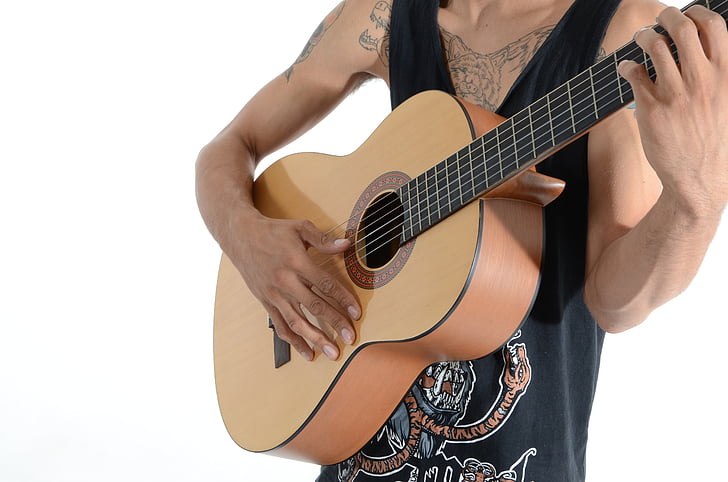 Dreng, close-up, mode, fokus, guitar, hænder, instrument