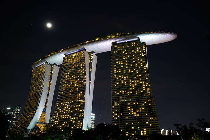 Hotel, wolkenkrabber, Singapore, nacht, verlichting, stad, hedendaagse