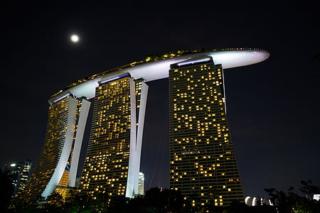 Hotel, grattacielo, Singapore, notte, luci, città, contemporaneo