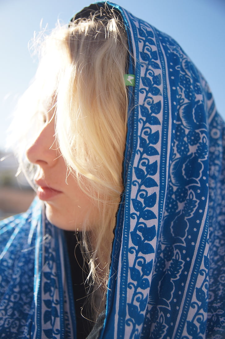 blond, sun, scarf, veil, morocco, holiday, travel