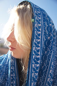 blond, sun, scarf, veil, morocco, holiday, travel