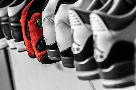 shoes, footwear, display, collection, blur, equipment, sport