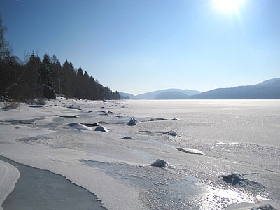 paysage, hiver, Lac, congelés, glace, neige, glacées