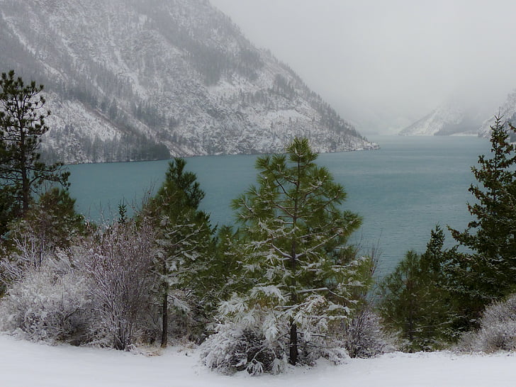 pozimi, nevihta, zasneženih, krajine, Seton jezero, British columbia, Kanada