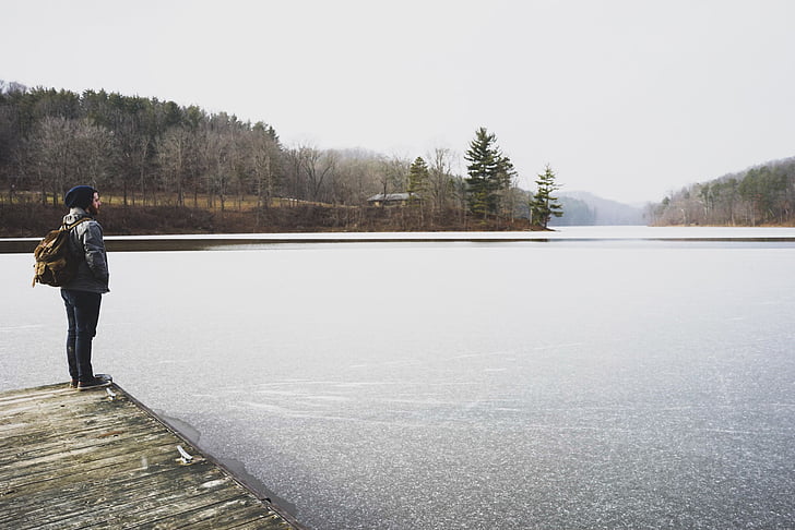 person, standing, dock, frozen, lake, man, winter