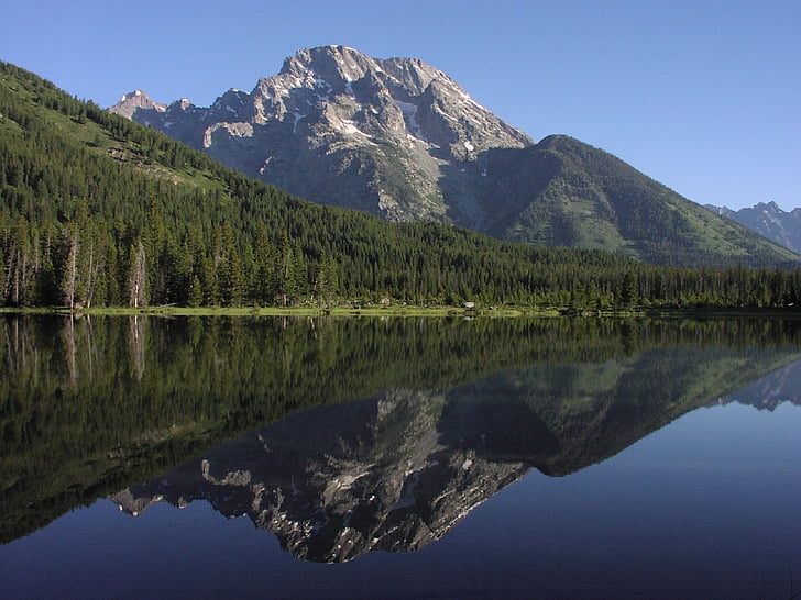 string lake, reflection, mount moran, landscape, scenic, water, nature