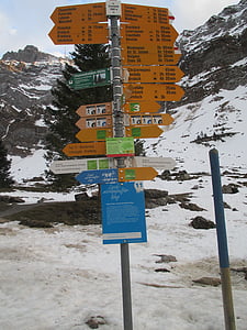 directory, signposts, shield, hiking trails, arrow, away, mountains