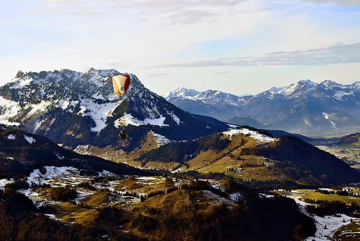 山脉, 奥地利, kössen, 山谷, 景观, 滑翔伞, 冬季运动
