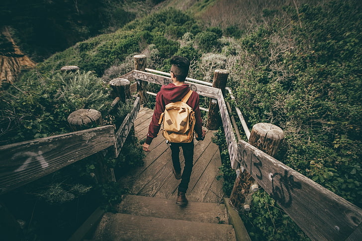 descent, descend, hike, backpack, backpacker, asian, stairs