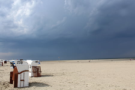 stranden, strand stol, sand, skyer, tordenvær, øya, spiekeroog