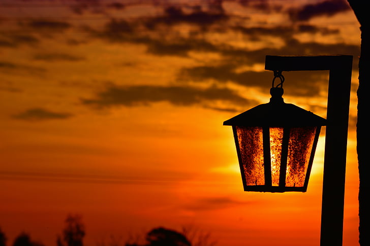 lanterne, coucher de soleil, lanternes, rétro-éclairage, paysage, couleur orange, enluminés