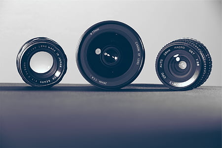 három, fekete, kamera, lencse, objektívek, fotózás, technológia