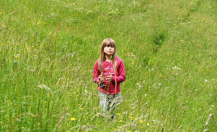 nature, meadow, grass, green, human, child, girl