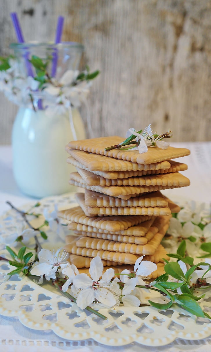 cookies, butter biscuits, glass, milk, glass of milk, flower, blossom