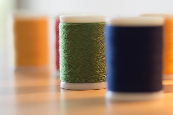 Rocchetti, thread, coton, couleurs, vert, bleu, jaune