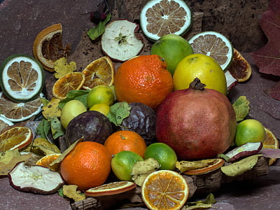 still life, fruits, citrus fruits, pomegranate, passion fruit